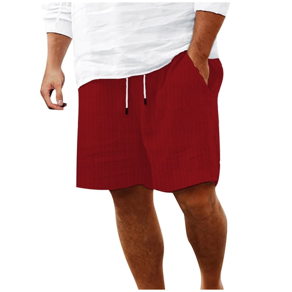 FRSASU Mens Ribbed Knit Casual 5"/ 7" Cotton Linen Shorts - Elastic Waist Drawstring Summer Beach Shorts with Pockets Red