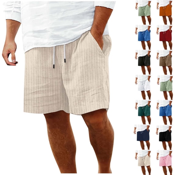 FRSASU Mens Ribbed Knit Casual 5"/ 7" Cotton Linen Shorts - Elastic Waist Drawstring Summer Beach Shorts with Pockets White