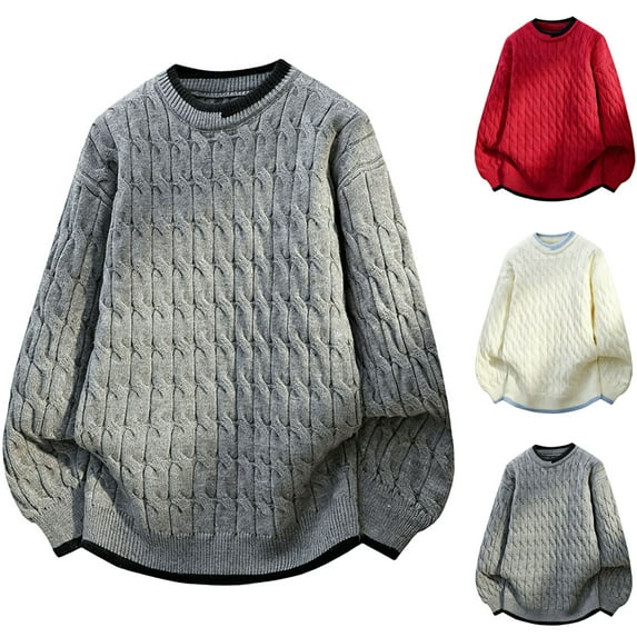FRSASU Mens Ribbed Vintage Cable Knit Sweater Chunky Crewneck Long Sleeve Oversized Pullover Fall Winter Sweatshirts Red