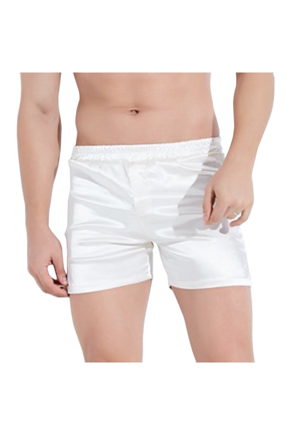 Mens Satin Boxer Shorts, Silk Feeling 3” Sleep Shorts Underwear with Button Fly, Silky Pajama Bottoms for Men White