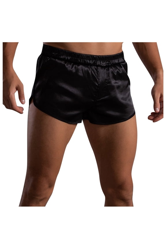 Mens Satin Shorts Silk Boxers Split Side Lounge Shorts 3 Inch Pajama Bottoms Black