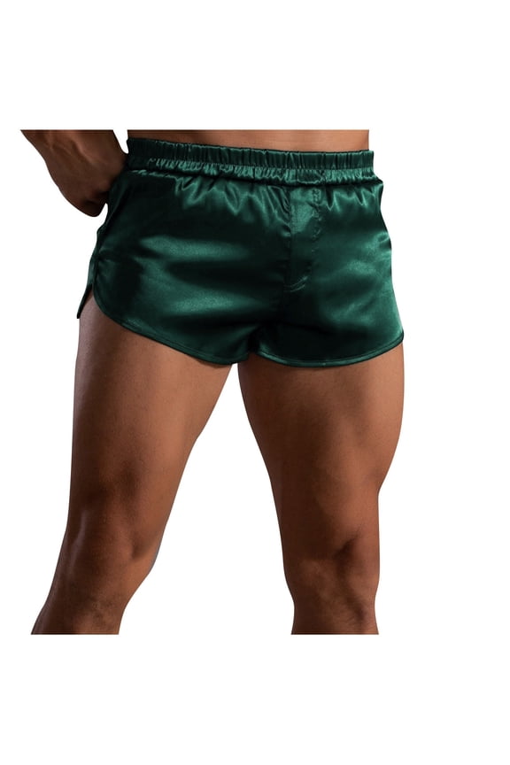 Mens Satin Shorts Silk Boxers Split Side Lounge Shorts 3 Inch Pajama Bottoms Green