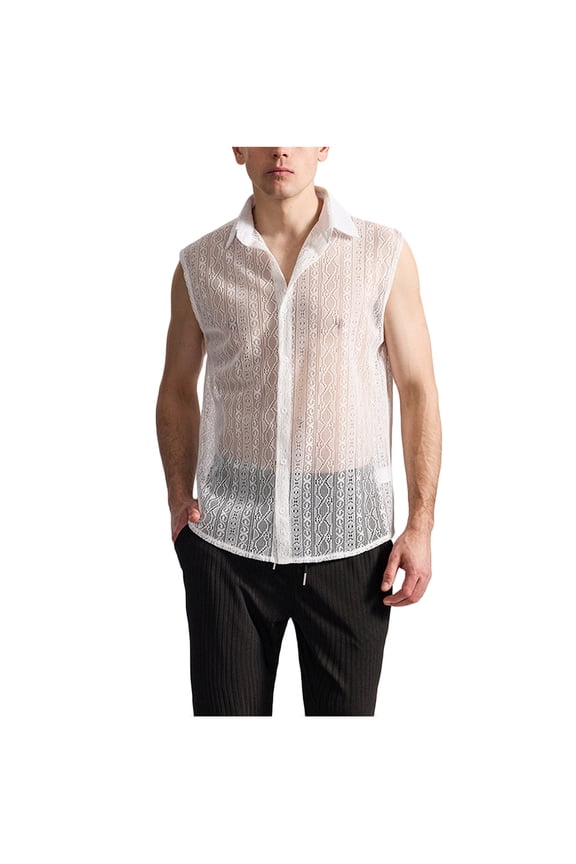 Mens See Through Vest Sleeveless Tank Tops Muscle Sheer Lace Mesh Button Down Shirts White