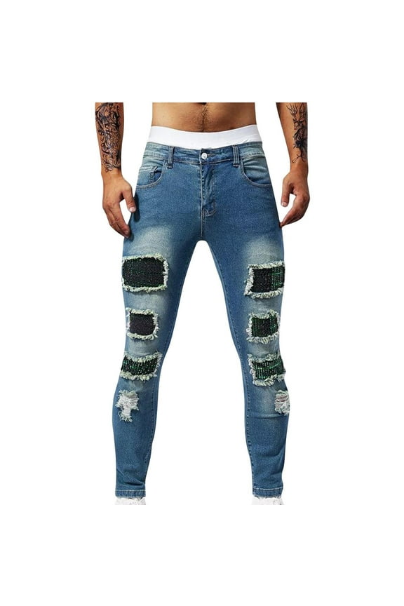 Mens Sequin Splicing Patchwork Destroyed Ripped Jeans Skinny Pants Stretch Slim Fit Distressed Side Striped Denim Trousers Blue