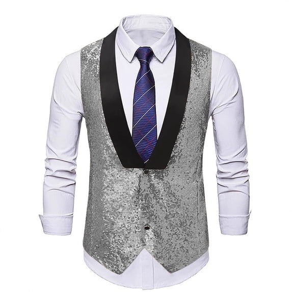 FRSASU Mens Sequin Vest Jacket formal Leisure V-neck Shiny Waistcoat Bowtie Set Slim Fit Suit Wedding Prom Party Tuxedo Silver