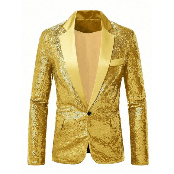 FRSASU Mens Sequins Blazer Sparkle Dress Suit Jacket Shiny Metallic Disco Dance Party Suit Jacket Gold