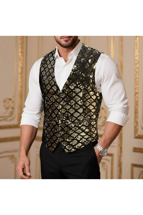 Mens Sequins Sleeveless jacket Vest formal/Leisure V-neck Shiny Waistcoat Set Prom Party Tuxedo Gold