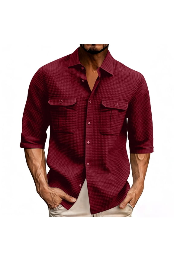 Mens Shacket Long 3/4 Sleeve Button Down Waffle Shirt Jacket with Flap Pockets Lightweight Quilted Overshirt Red