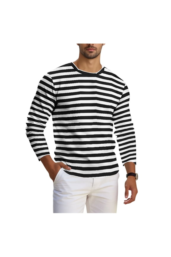Mens Shirt Striped Black White Crewneck Long Sleeve Basic Pullover Stripe Casual Crew Tee Shirt Black