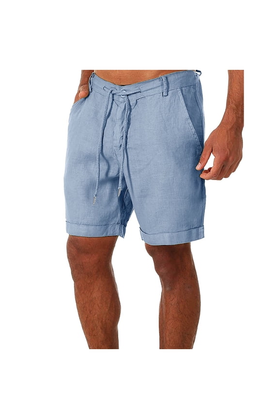Mens Short Casual Elastic Waist Cotton Shorts Summer Beach Tapered Trousers Sky Blue
