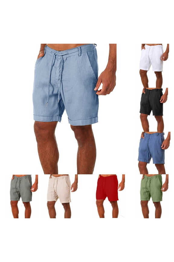 Mens Short Casual Elastic Waist Cotton Shorts Summer Beach Tapered Trousers White