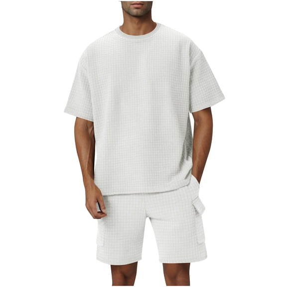 FRSASU Mens Short Sets 2 Piece Outfits - Casual Summer Short Sleeve T Shirt Plaid Texture Sweatsuits Sets for Men with Cargo Pockets White