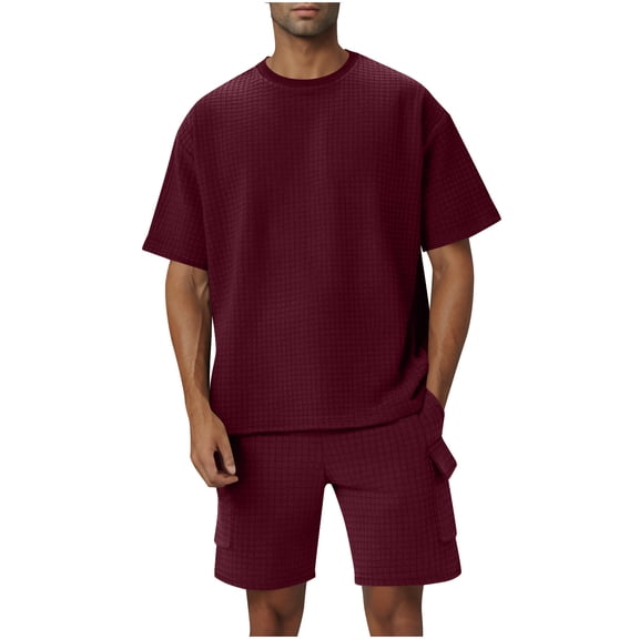 FRSASU Mens Short Sets 2 Piece Outfits - Casual Summer Short Sleeve T Shirt Plaid Texture Sweatsuits Sets for Men with Cargo Pockets Wine