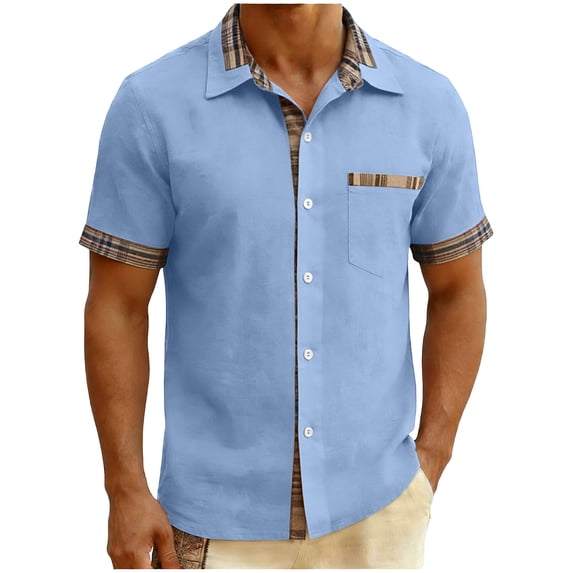 FRSASU Mens Short Sleeve Shirt Button Down Casual Summer Beach Shirts Vacation Wedding Tops with Pocket Light Blue