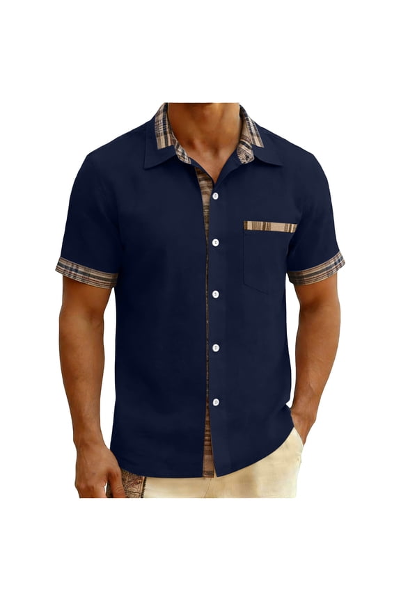 Mens Short Sleeve Shirt Button Down Casual Summer Beach Shirts Vacation Wedding Tops with Pocket Navy