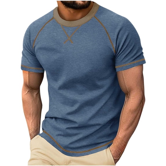 FRSASU Mens Short Sleeve Shirt with 3 Buttons Reverse Seam Henley Neck T-shirt Summer Casual Stylish Basic Workout Tops Blue