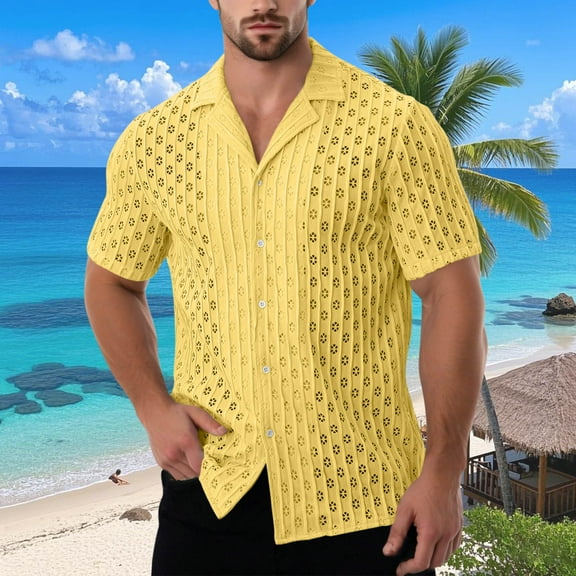 FRSASU Mens Short Sleeved Shirt Button Down Shirts Summer Casual Vacation Beach Summer Tops Yellow XL