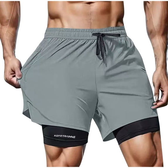 FRSASU Mens Sport Shorts 2 in 1 Running Workout Athletic Drawstring Basketball Shorts Gray