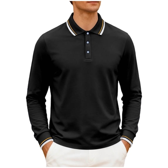 FRSASU Mens Spring Long Sleeve Polo Shirt Breathable Business Stripe Edge Solid Color Outdoor Golf Shirts Tops Black