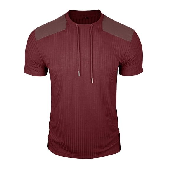 FRSASU Mens Spring Summer Solid Color Ribbed T-Shirt Knitted Short Sleeve Tee, Vtage Drawstring Henley Collar T-shirts Wine