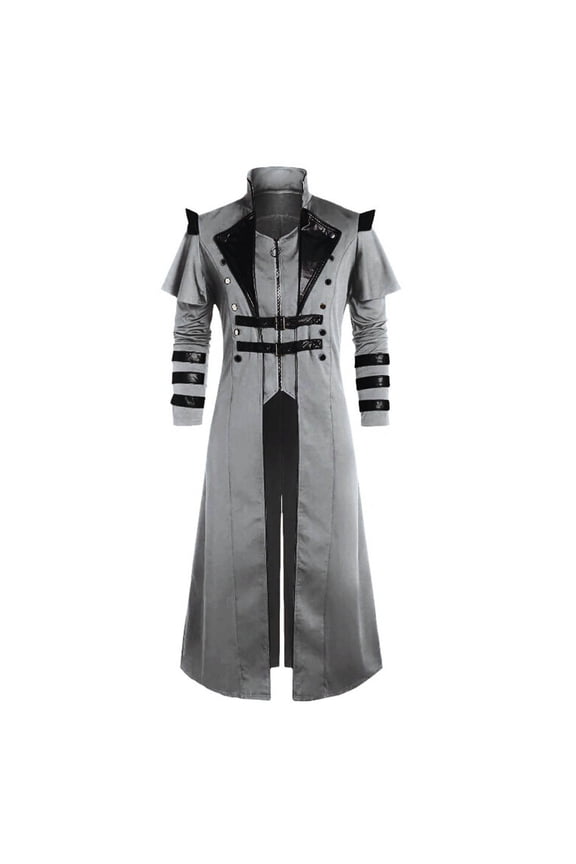 Mens Steampunk Costume Jacket,, Medieval Retro Long Slit Trench Coat Double Breasted Zipper Punk Jacket Stage Play Performance Gray
