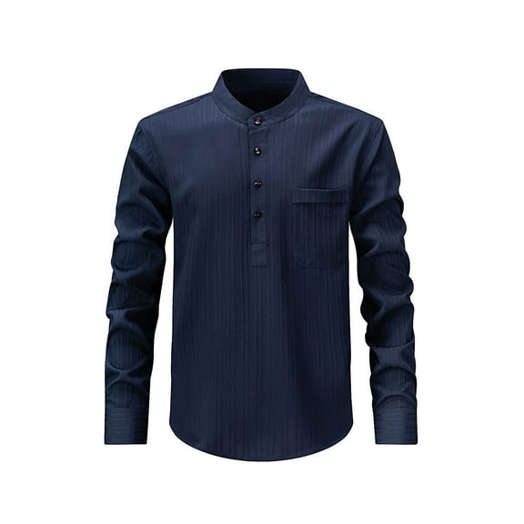 FRSASU Mens Striped Stand up Collar Long Sleeve Shirt: Fashion Half Button Down Casual Shirts for Men with Pocket Navy