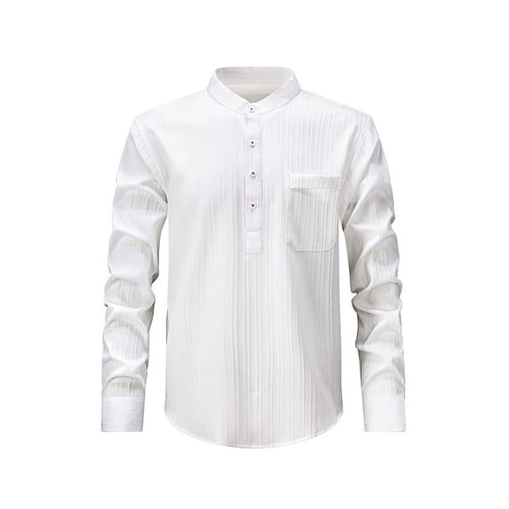 FRSASU Mens Striped Stand up Collar Long Sleeve Shirt: Fashion Half Button Down Casual Shirts for Men with Pocket White
