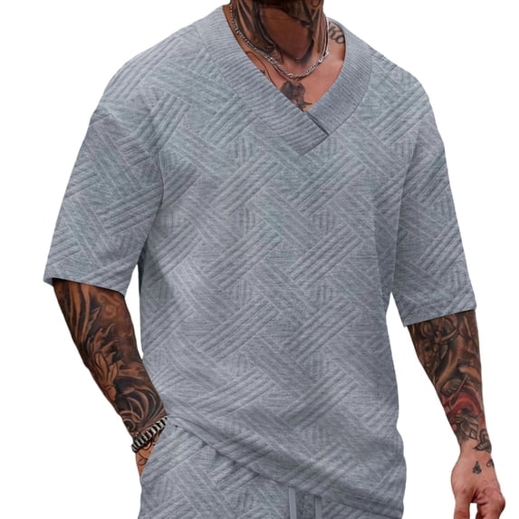 FRSASU Mens Summer Clothes Mens Shirts Stretch Causa Short Sleeve Loose Fit Tops V Neck Vintage Knit Shirt Short Sleeve Gray
