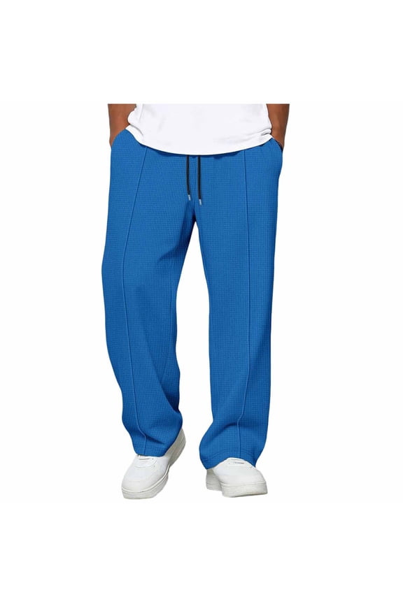 Mens Sweatpants Waffle Knit Elastic Waist Drawstring Baggy Front Pleated Straight Leg Pants with Pockets Blue