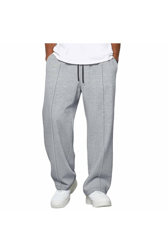 Mens Sweatpants Waffle Knit Elastic Waist Drawstring Baggy Front Pleated Straight Leg Pants with Pockets Gray