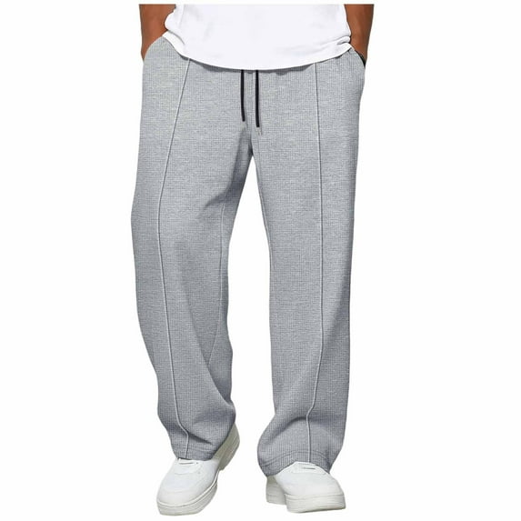FRSASU Mens Sweatpants Waffle Knit Elastic Waist Drawstring Baggy Front Pleated Straight Leg Pants with Pockets Gray