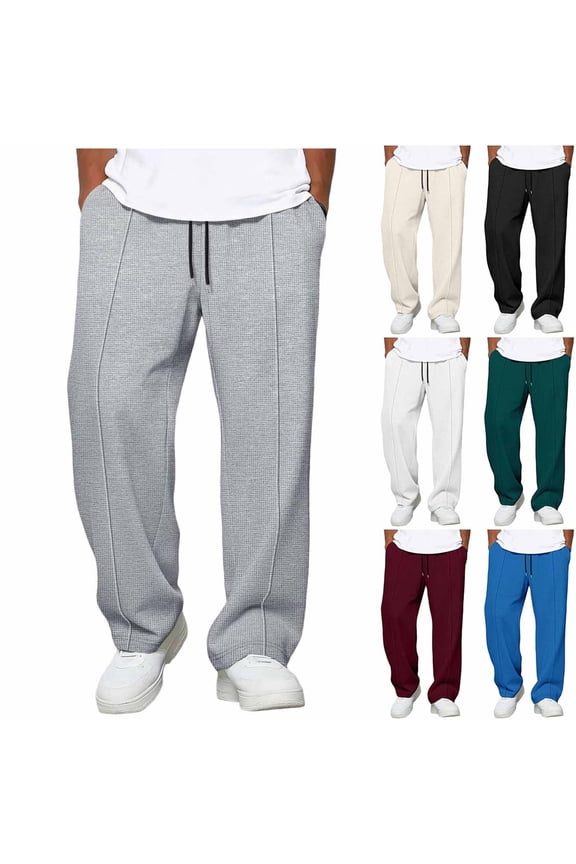 Mens Sweatpants Waffle Knit Elastic Waist Drawstring Baggy Front Pleated Straight Leg Pants with Pockets White