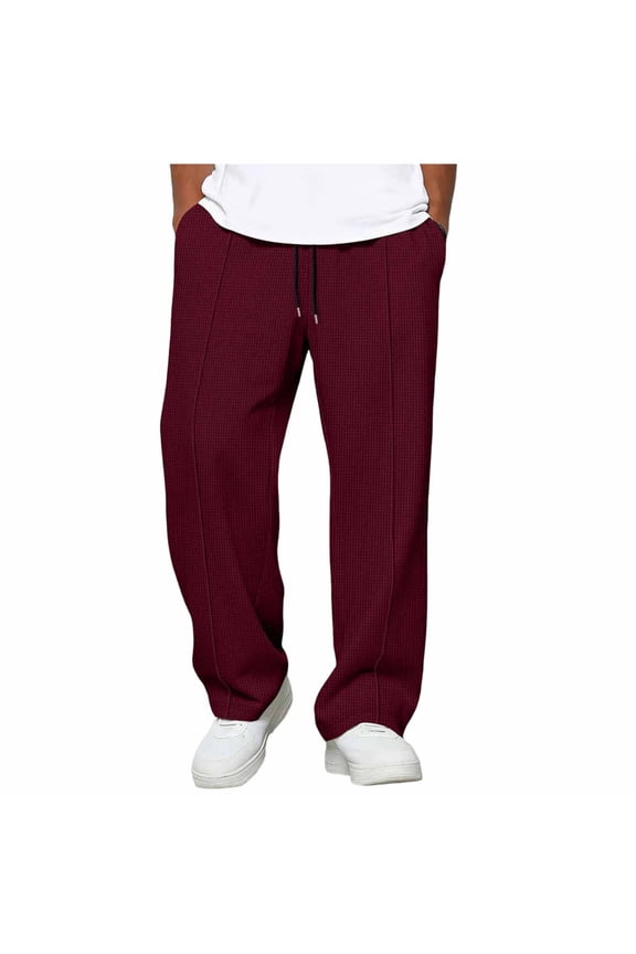 Mens Sweatpants Waffle Knit Elastic Waist Drawstring Baggy Front Pleated Straight Leg Pants with Pockets Wine