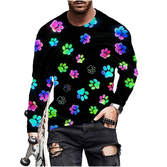 FRSASU Mens Sweatshirt Colorful Animal Paw Printed Round Neck Shirt Mens Long Sleeve Casual Pullover Top Multicolor-X