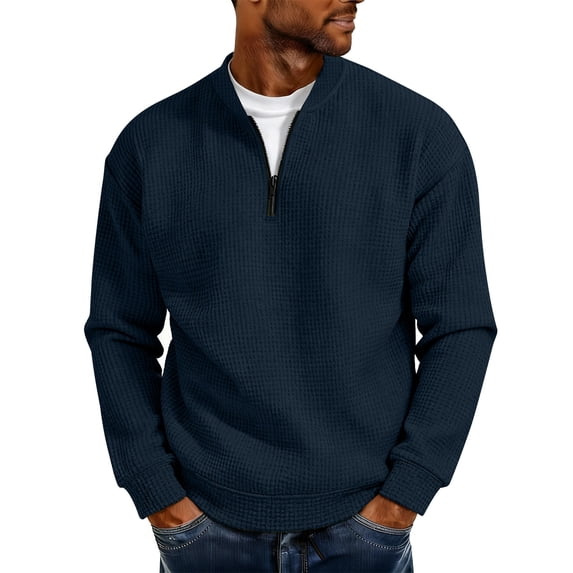 FRSASU Mens Sweatshirts Casual Stand Collar Quarter Zip Pullover Fall Waffle Sweaters Long Sleeve Shirts Tops Navy