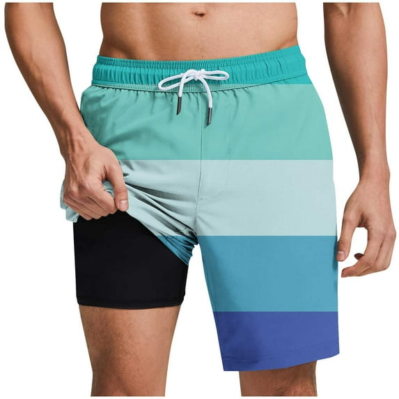 FRSASU Mens Swim Trunks Bathing Suit 9 Inch Inseam Compression Liner Beach Long Board Shorts Swimsuit Anti-Chafe Quick Dry Strip Graphics Blue