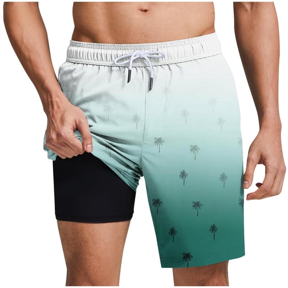 FRSASU Mens Swim Trunks with Compression Liner 5 inch Inseam Quick Dry 2 in 1 Tropical Graphic Swimming Board Shorts Beach with Zipper Pockets Mint Green