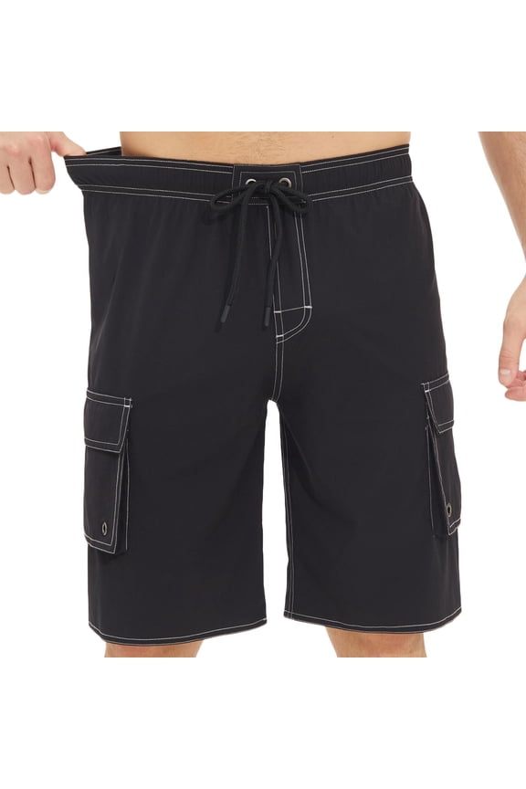 Mens Swim Trunks No Liner 9 inch Bathing Suit Quick-Dry Swim Shorts Cargo Pockets Black