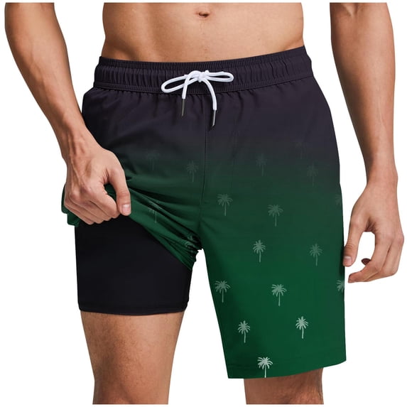 FRSASU Mens Swim Trunks with Compression Liner 5 inch Inseam Quick Dry 2 in 1 Tropical Graphic Swimming Board Shorts Beach with Zipper Pockets Green