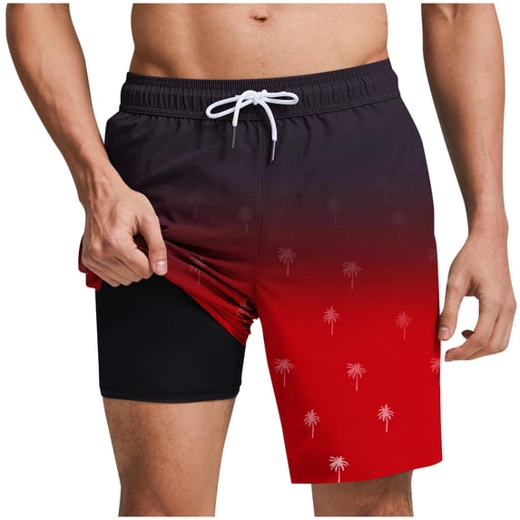 FRSASU Mens Swim Trunks with Compression Liner 5 inch Inseam Quick Dry 2 in 1 Tropical Graphic Swimming Board Shorts Beach with Zipper Pockets Red