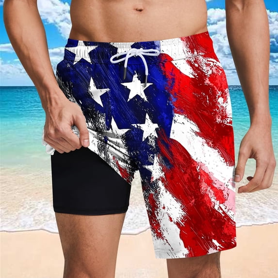 FRSASU Mens Swim Trunks with Compression Liner 9" Built-in Board Shorts 2 in 1 American Flag Graphics Quick Dry Bathing Suits with Zipper Pockets Red