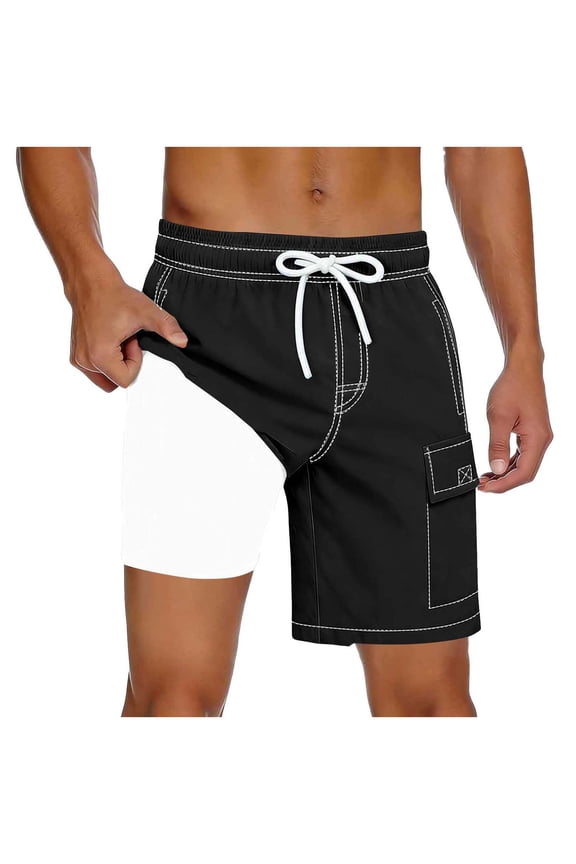 Mens Swim Trunks with Compression Liner 9 inch Bathing Suit Quick-Dry Swim Shorts Cargo Pockets Black