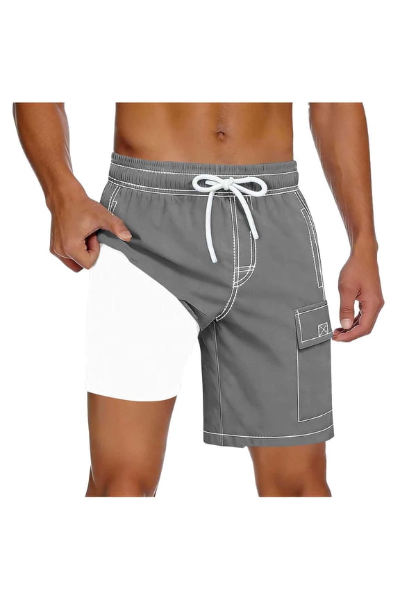 Mens Swim Trunks with Compression Liner 9 inch Bathing Suit Quick-Dry Swim Shorts Cargo Pockets Gray