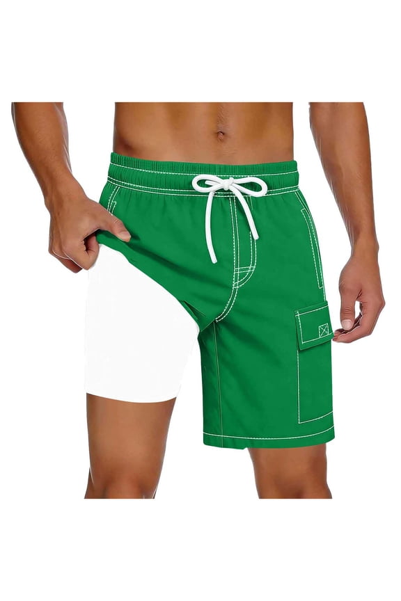 Mens Swim Trunks with Compression Liner 9 inch Bathing Suit Quick-Dry Swim Shorts Cargo Pockets Green