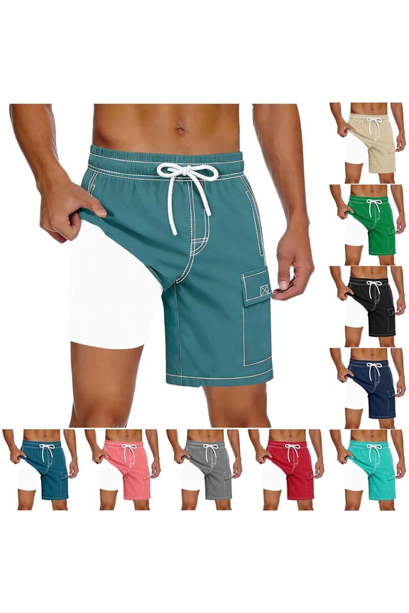 Mens Swim Trunks with Compression Liner 9 inch Bathing Suit Quick-Dry Swim Shorts Cargo Pockets Sky Blue