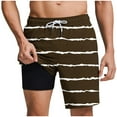 thumbnail image 1 of FRSASU Mens Swim Trunks with Compression Liner and Strip Print 9 Inch Stretch Quick Dry Swim Shorts with Zipper Pockets Swimwear Brown, 1 of 6