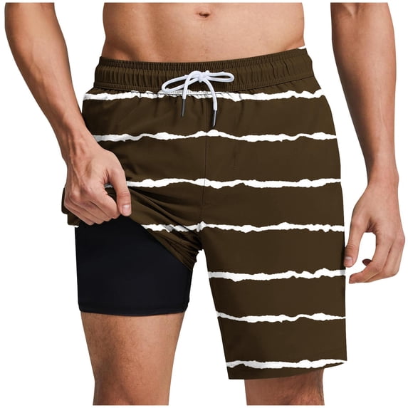 FRSASU Mens Swim Trunks with Compression Liner and Strip Print 9 Inch Stretch Quick Dry Swim Shorts with Zipper Pockets Swimwear Brown