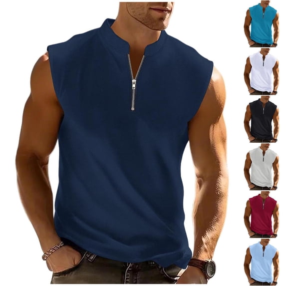 FRSASU Mens Tank Tops Summer Lightweight Sleeveless Vest Workout Gym 1/4 Zip up Shirts Breathable Relaxed Fit Pullovers White
