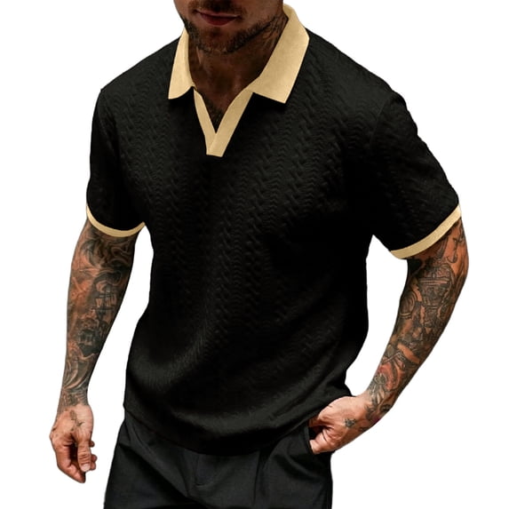FRSASU Mens Textured Knit Polo Shirts Collared Contrast Color Stretchy Golf Shirts Summer Daily Going Out Blouse Black