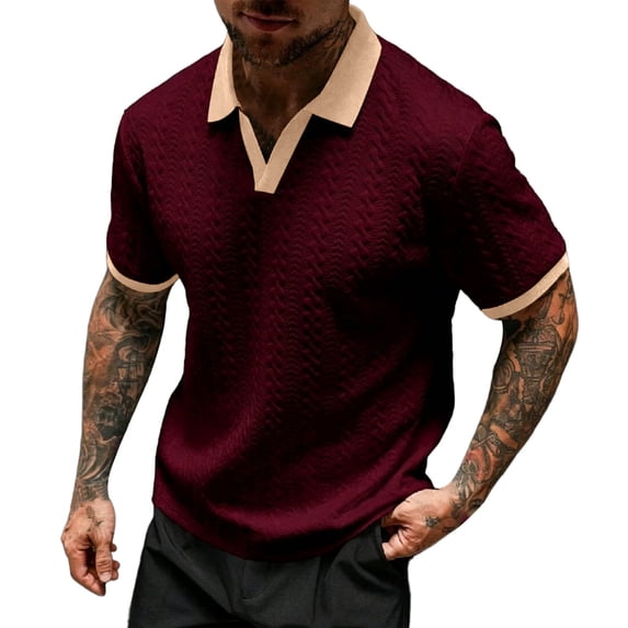 FRSASU Mens Textured Knit Polo Shirts Collared Contrast Color Stretchy Golf Shirts Summer Daily Going Out Blouse Wine